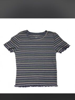 AMERICAN EAGLE- blue striped baby tee with ruffle hem- Size: XS.